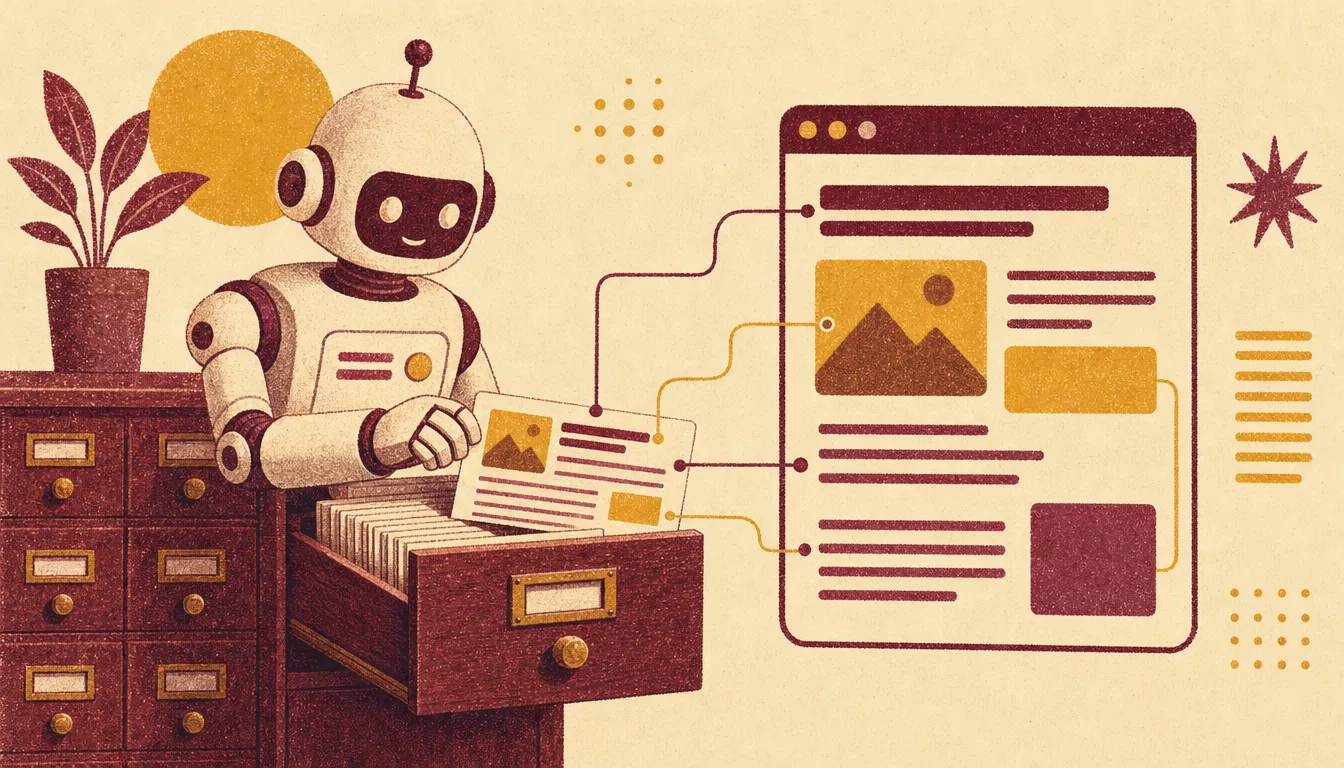 Illustrazione in stile riso-print: un robot archivista ripone in un catalogo a cassetti una scheda che riassume una pagina web, con linee che collegano gli elementi della pagina ai campi della scheda