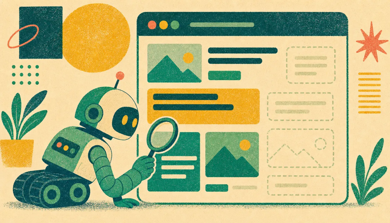 Illustrazione in stile riso-print: un robot crawler esamina una pagina web in parte invisibile