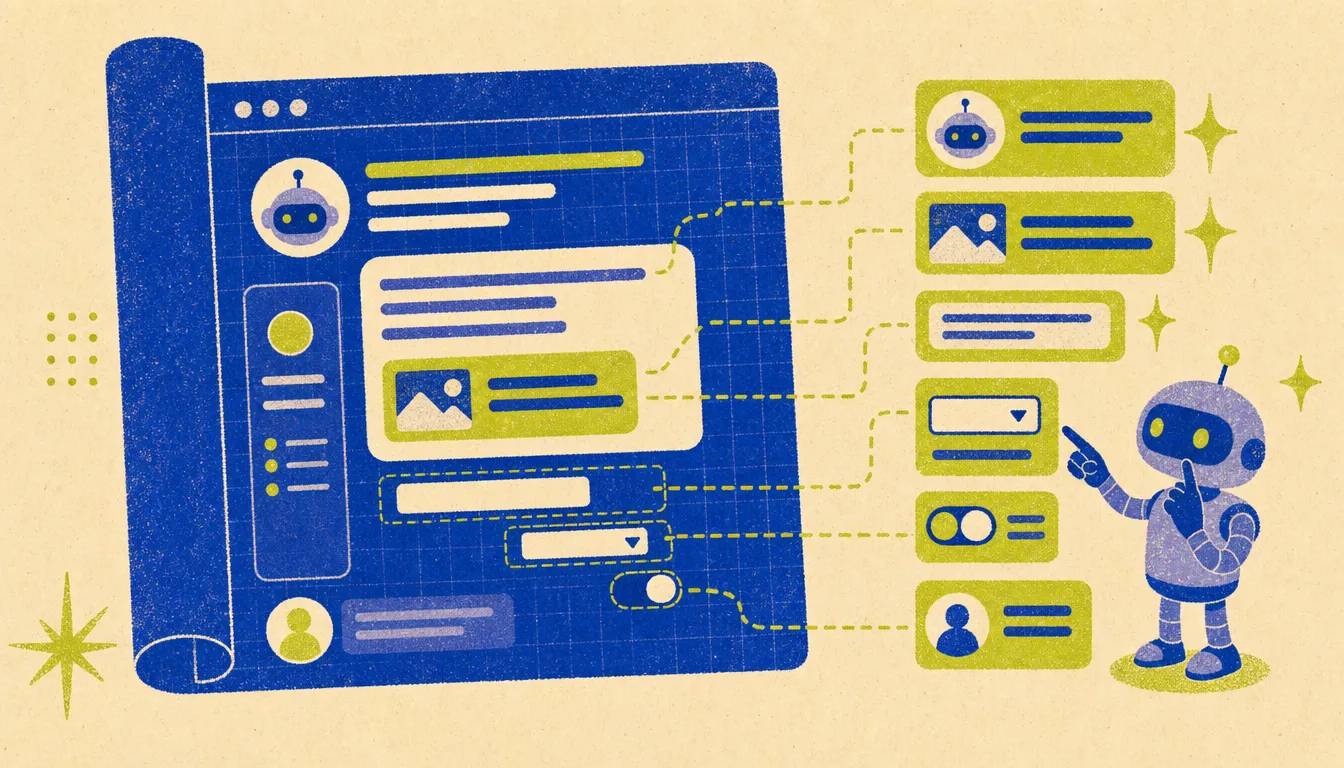Illustrazione in stile riso-print: una pagina web srotolata come un progetto tecnico, con linee che collegano i suoi elementi alle schede dei tool e un robot che segue lo schema