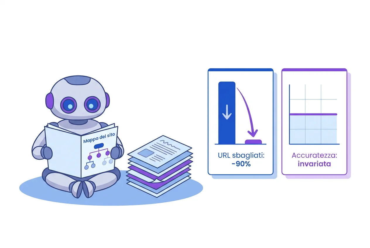 Infografica sul benchmark Mintlify: con un link a llms.txt gli errori 404 degli agenti calano di circa il 90%, l'accuratezza resta invariata