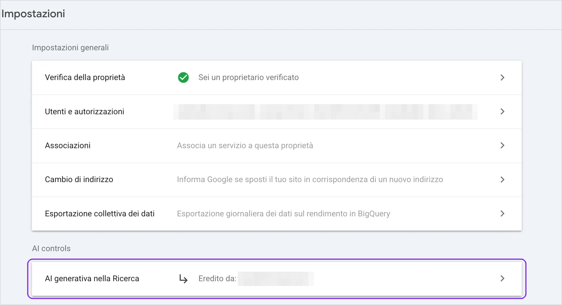 La pagina Impostazioni di Search Console con la nuova sezione AI controls e la voce AI generativa nella Ricerca evidenziata, con dominio e utenti anonimizzati