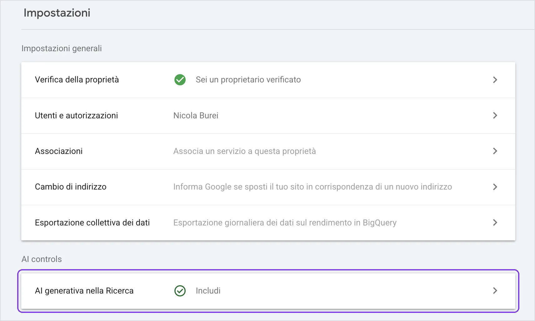 La pagina "Impostazioni" di Search Console con la sezione "AI controls" e la voce "AI generativa nella Ricerca" evidenziata, impostata su "Includi"