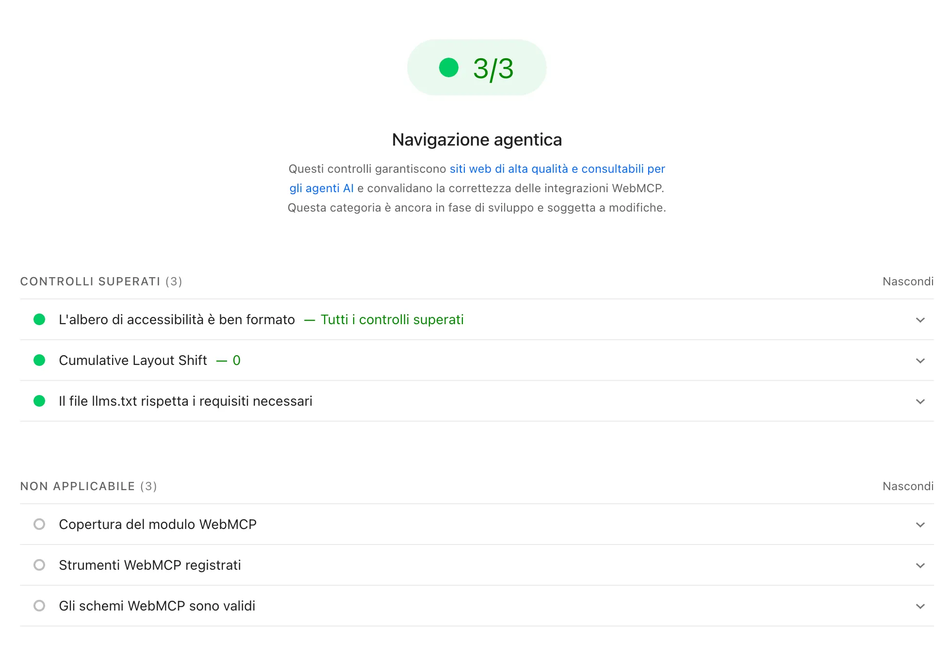 Il report PageSpeed Insights del mio sito: la sezione Navigazione agentica segna 3/3, con i tre controlli generali superati e i tre controlli WebMCP non applicabili