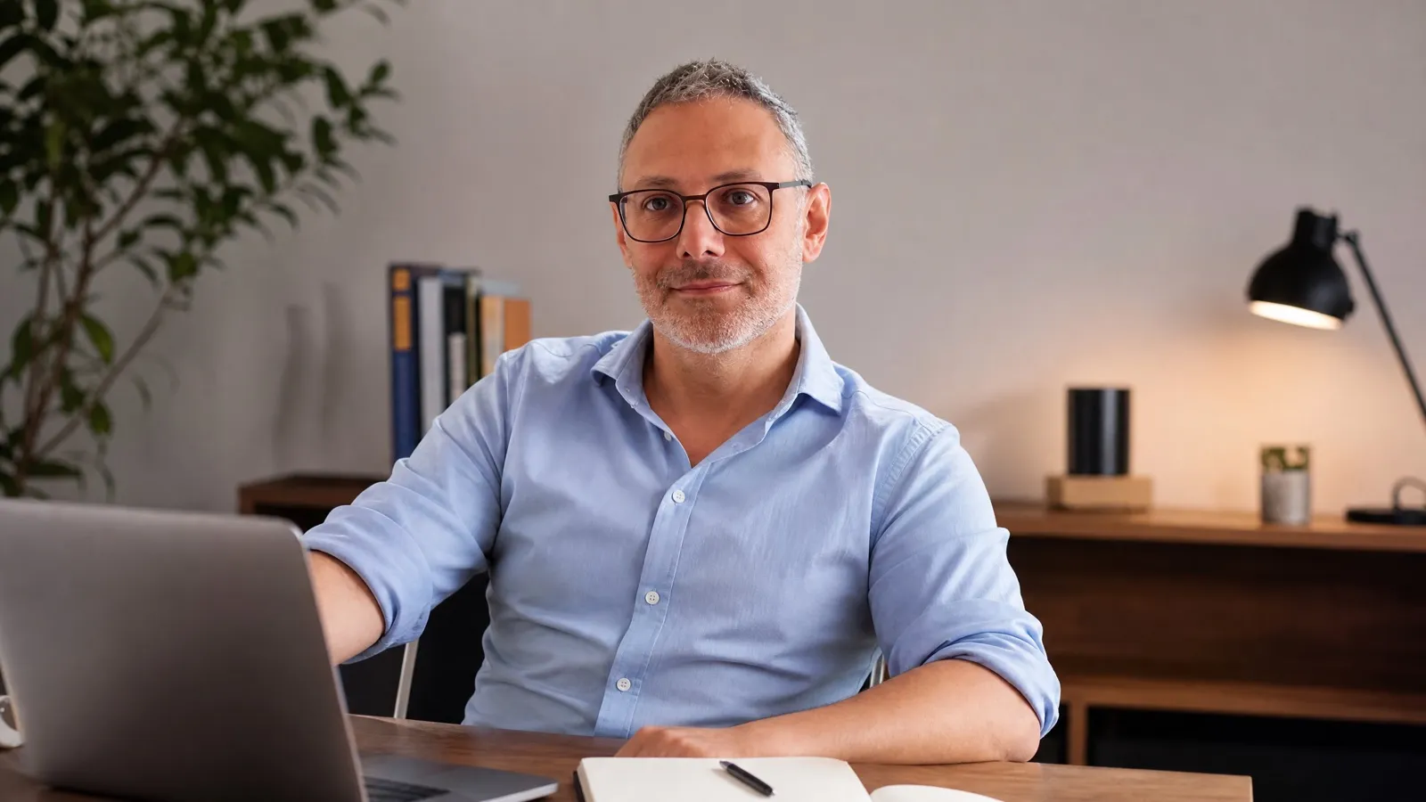 Nicola Burei alla scrivania del suo studio, davanti al laptop