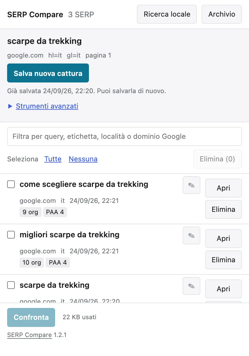 Popup di SERP Compare su una SERP di Google già salvata: in alto i bottoni "Ricerca locale" e "Archivio", poi il bottone "Salva nuova cattura" e l'archivio con tre SERP, ognuna con il numero di risultati organici e di domande