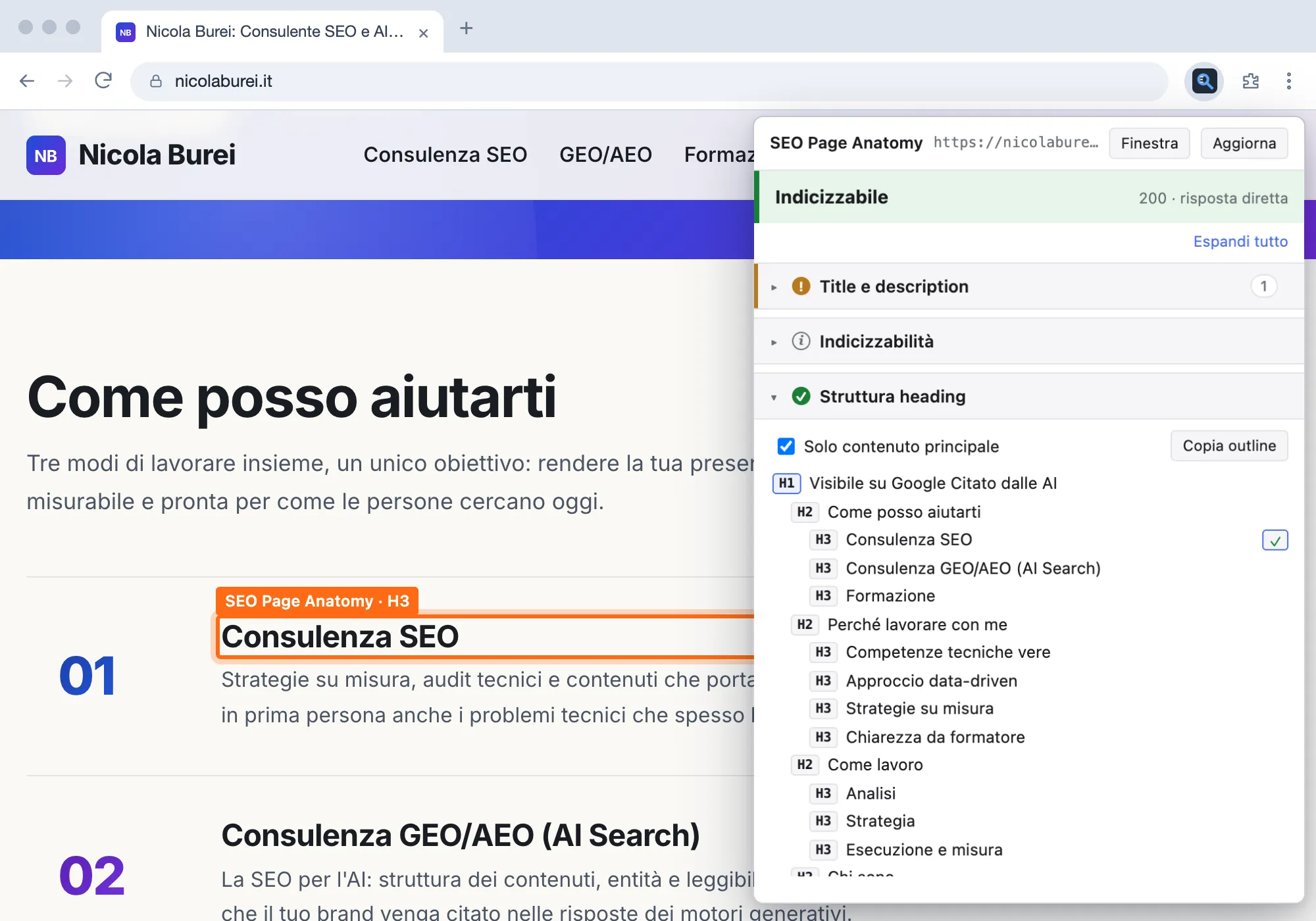 SEO Page Anatomy aperta su una pagina: popup con l'esito di indicizzabilità e l'albero degli heading, titolo evidenziato nella pagina
