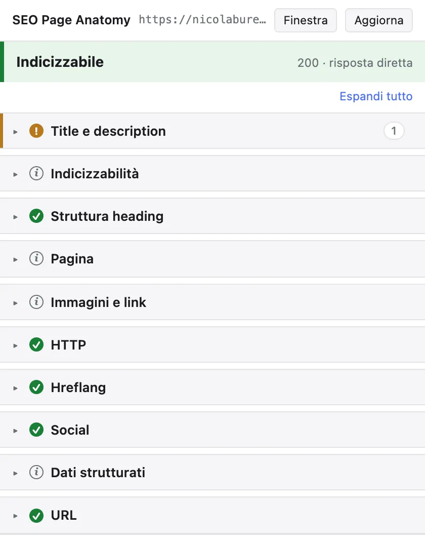 Popup di SEO Page Anatomy sulla home di nicolaburei.it: banner verde Indicizzabile con 200 · risposta diretta, poi le dieci sezioni chiuse con icona di gravità