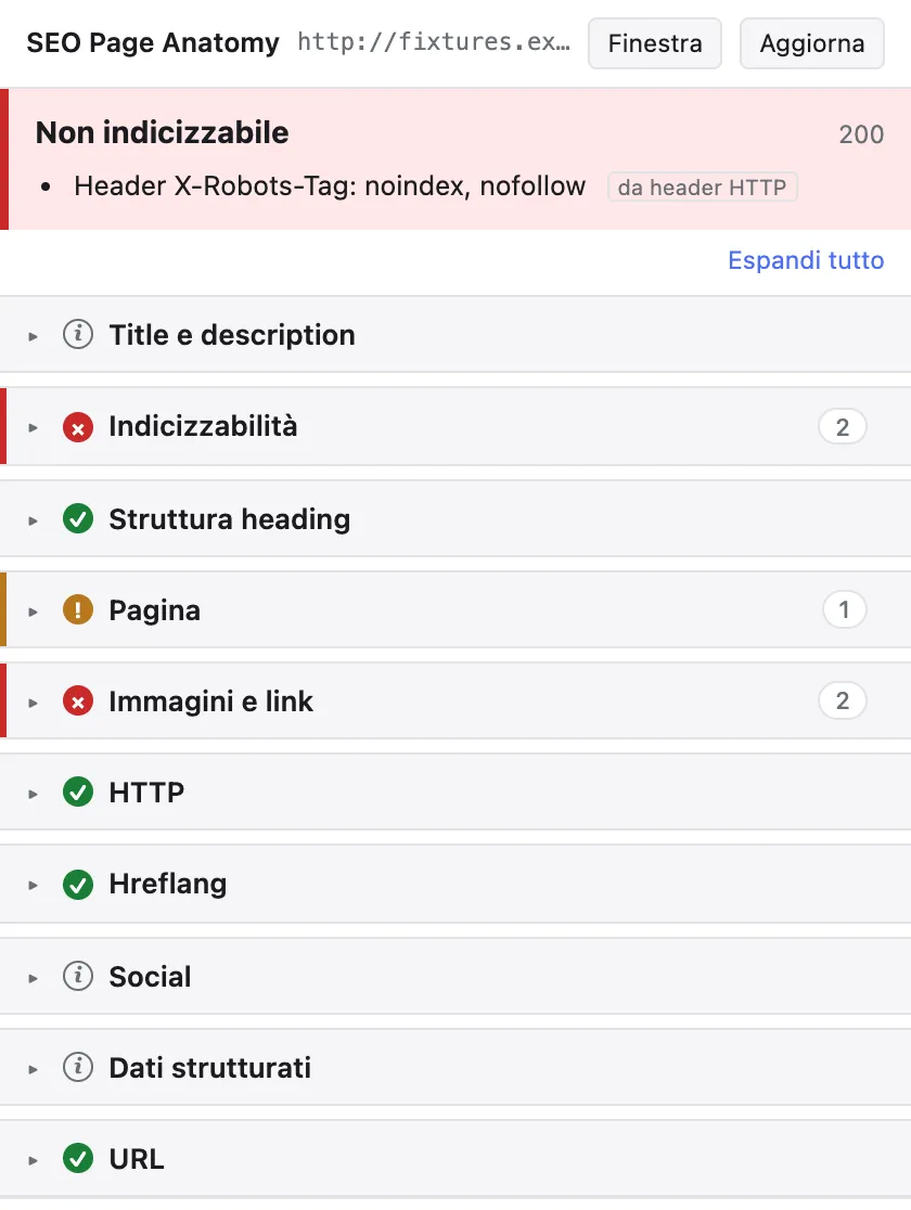Popup con banner rosso Non indicizzabile: la riga sotto dice Header X-Robots-Tag: noindex, nofollow, con l'etichetta da header HTTP