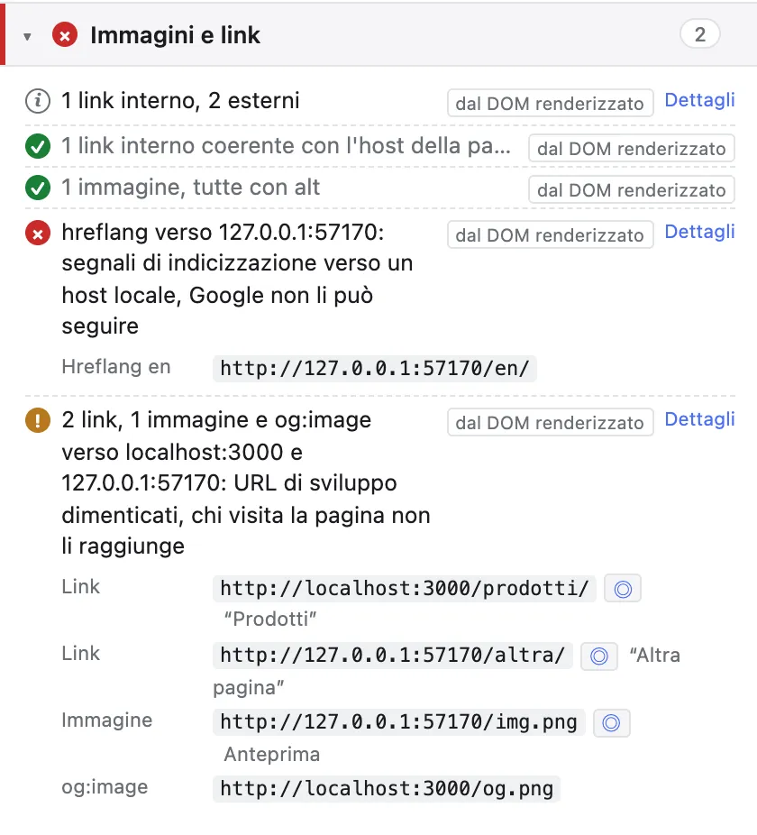Sezione Immagini e link: due link, un'immagine e og:image verso localhost:3000 e 127.0.0.1 segnalati come URL di sviluppo dimenticati, ognuno con il bottone Mostra nella pagina